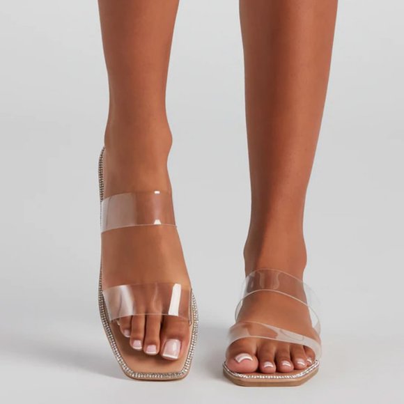 NEW Clear Sparkly Rhinestone Embellished Double Straps Slip On Slides Sandals - Picture 7 of 15
